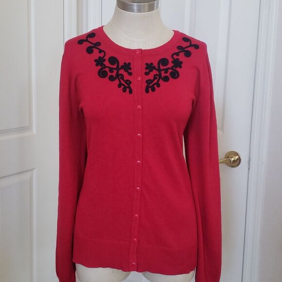 Vintage 80's Cardigan Sweater Black Soutache Red Faceted Buttons - Picture 2 of 14